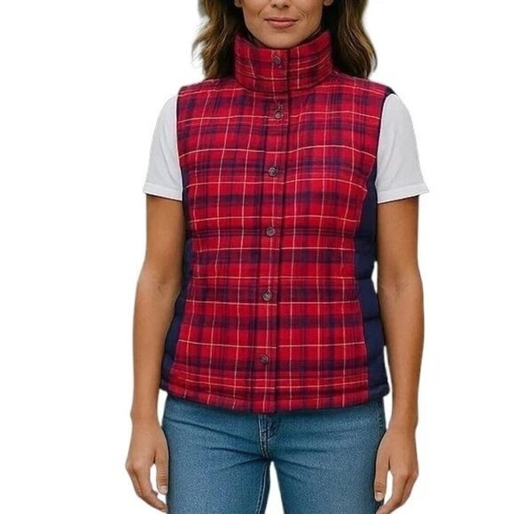 The North Face 700 Puffer Vest Women Size M Goose Down Zip Snaps Red Navy Plaid - Picture 14 of 14
